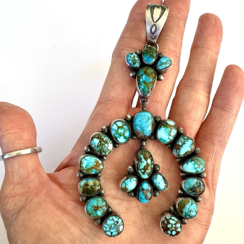 Navajo Naja Pendant Turquoise 4.5in BIG Squash Blossom Signed Smith Native Amer